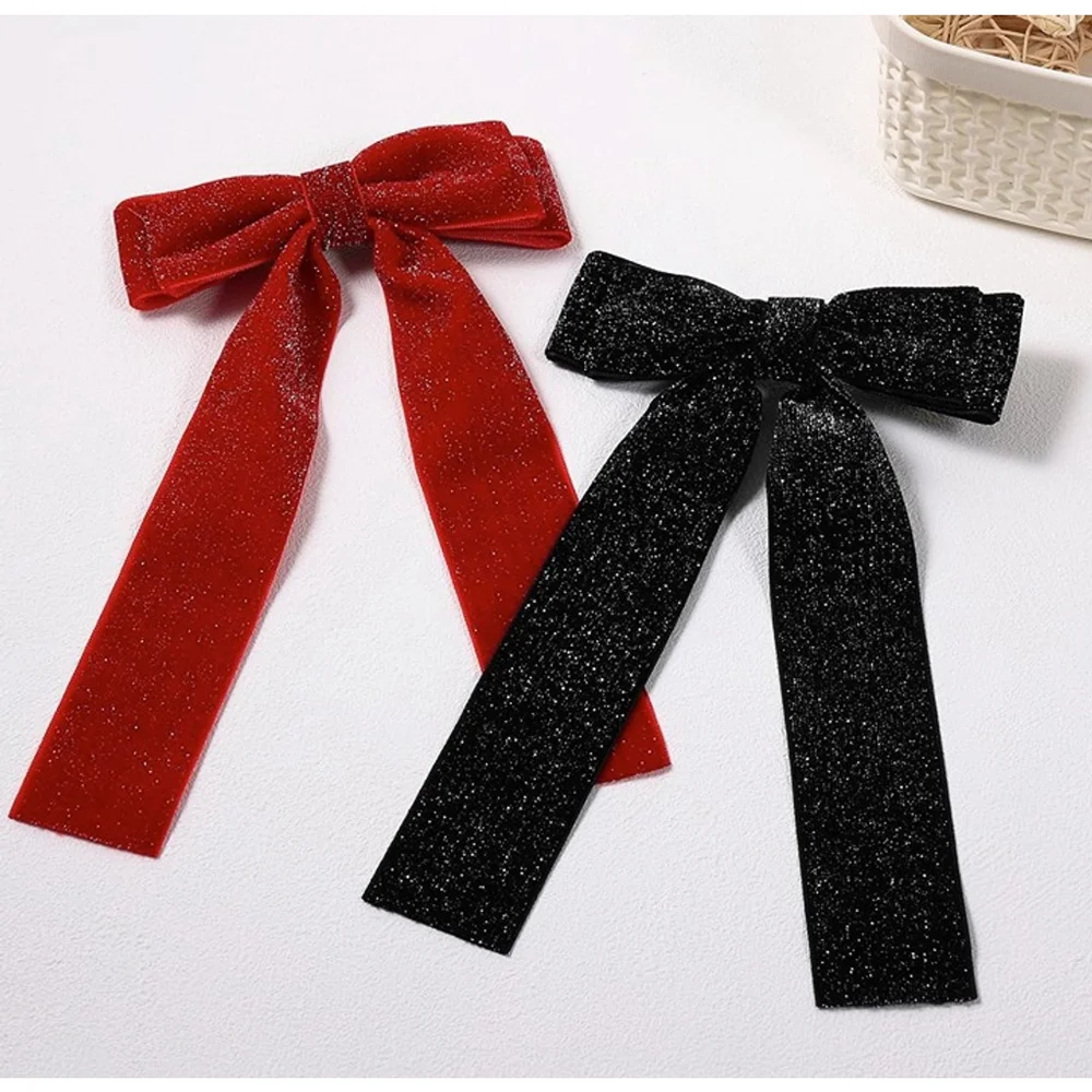 Set of 2 sparkly velvet hair bows, black and red, NEW